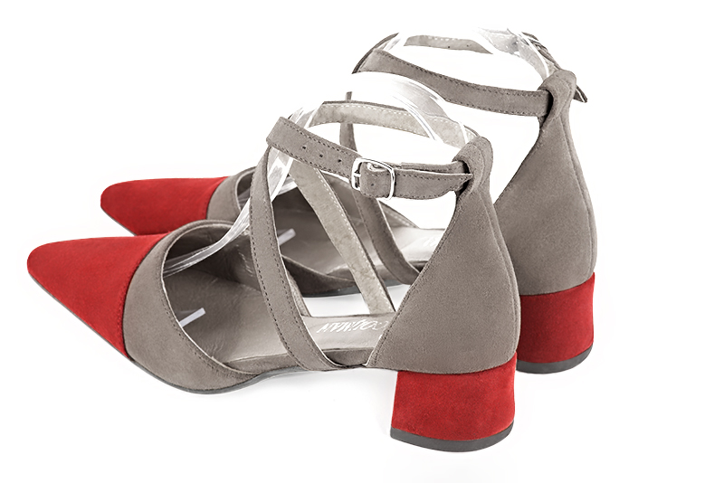 Scarlet red and bronze beige women's open side shoes, with crossed straps. Tapered toe. Low flare heels. Rear view - Florence KOOIJMAN